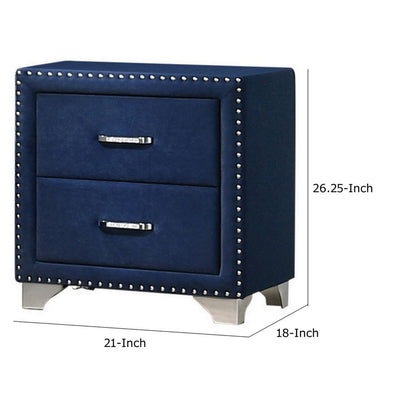 Cale 26 Inch Modern Wood Nightstand, Velvet Upholstered, Nailhead, Blue - View 5