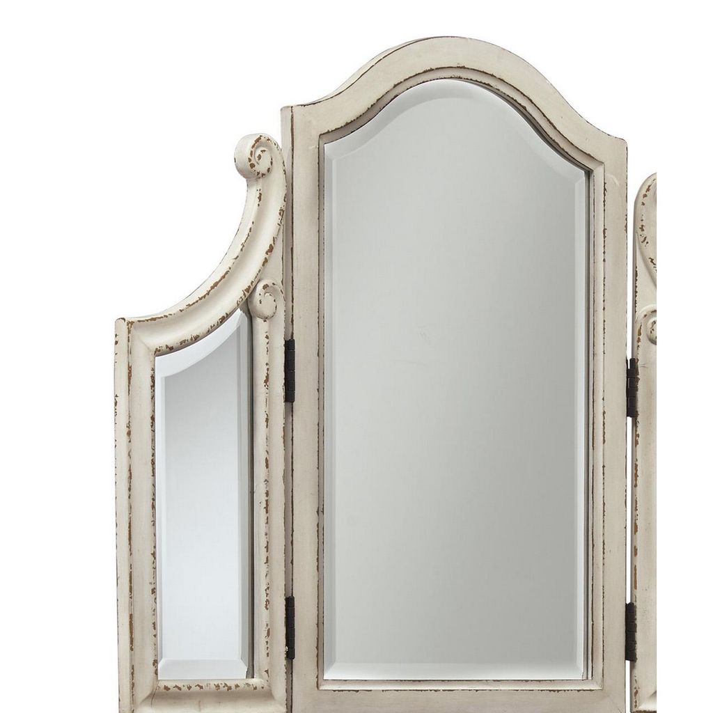 Wooden Mirror Stool Set with Square Tapered Legs, Antique White, Brown - View 2
