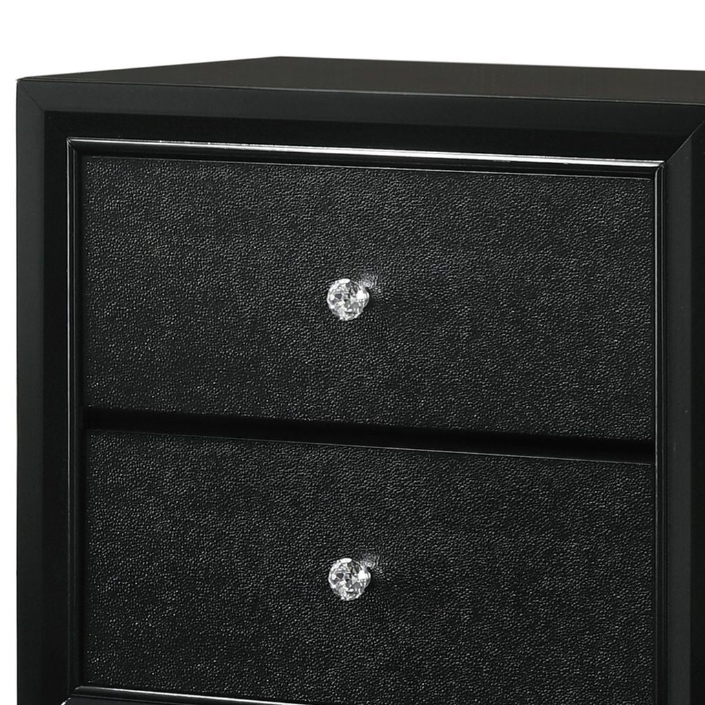 2 Drawer Wooden Nightstand with Textured Details and Crystal Pulls, Black - View 3