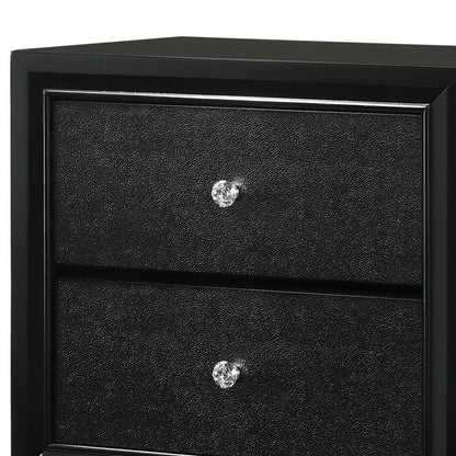 2 Drawer Wooden Nightstand with Textured Details and Crystal Pulls, Black - View 3