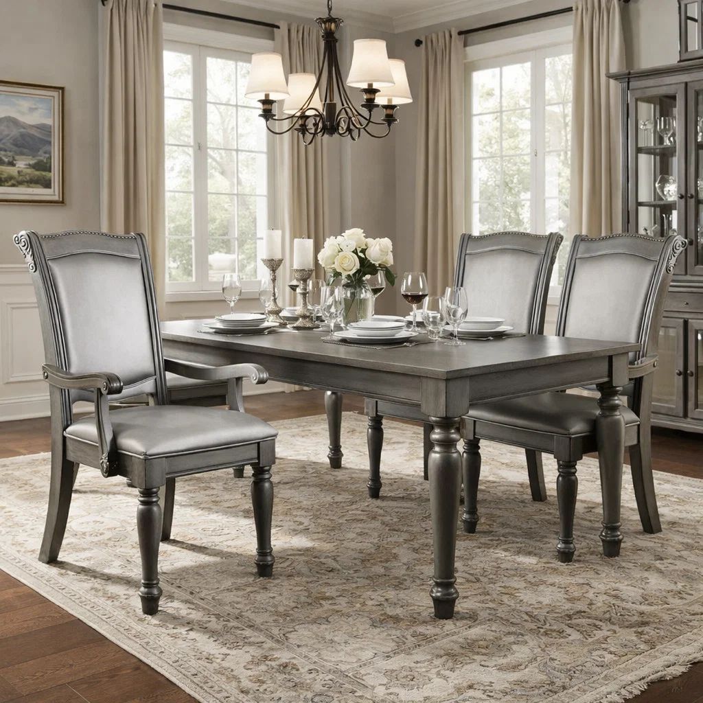 Traditional Style Wooden Arm Chair With Leatherette Cushions In Gray, Set Of 2 - View 7