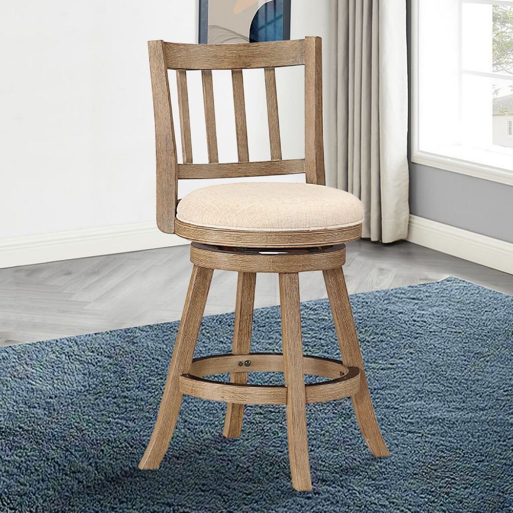 Adam 24 Inch Solid Wood Swivel Counter Stool, Slatted Back, Ivory - View 7