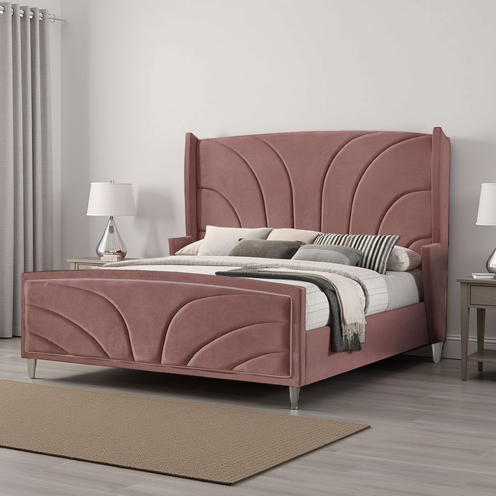 Kerith Modern Wood King Size Bed, Wingback Frame, Pink Velvet, Chrome Legs - View 7