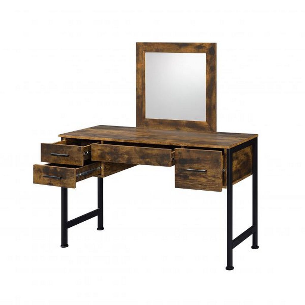 Vanity Desk with 4 Drawers and Square Mirror, Brown and Black - View 5