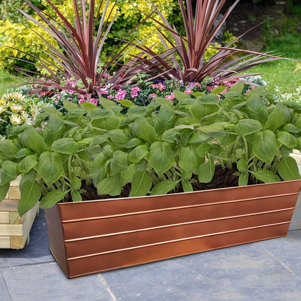 Rectangular Metal Flower Planter Box with Embossed Line Design, Large, Copper - View 6