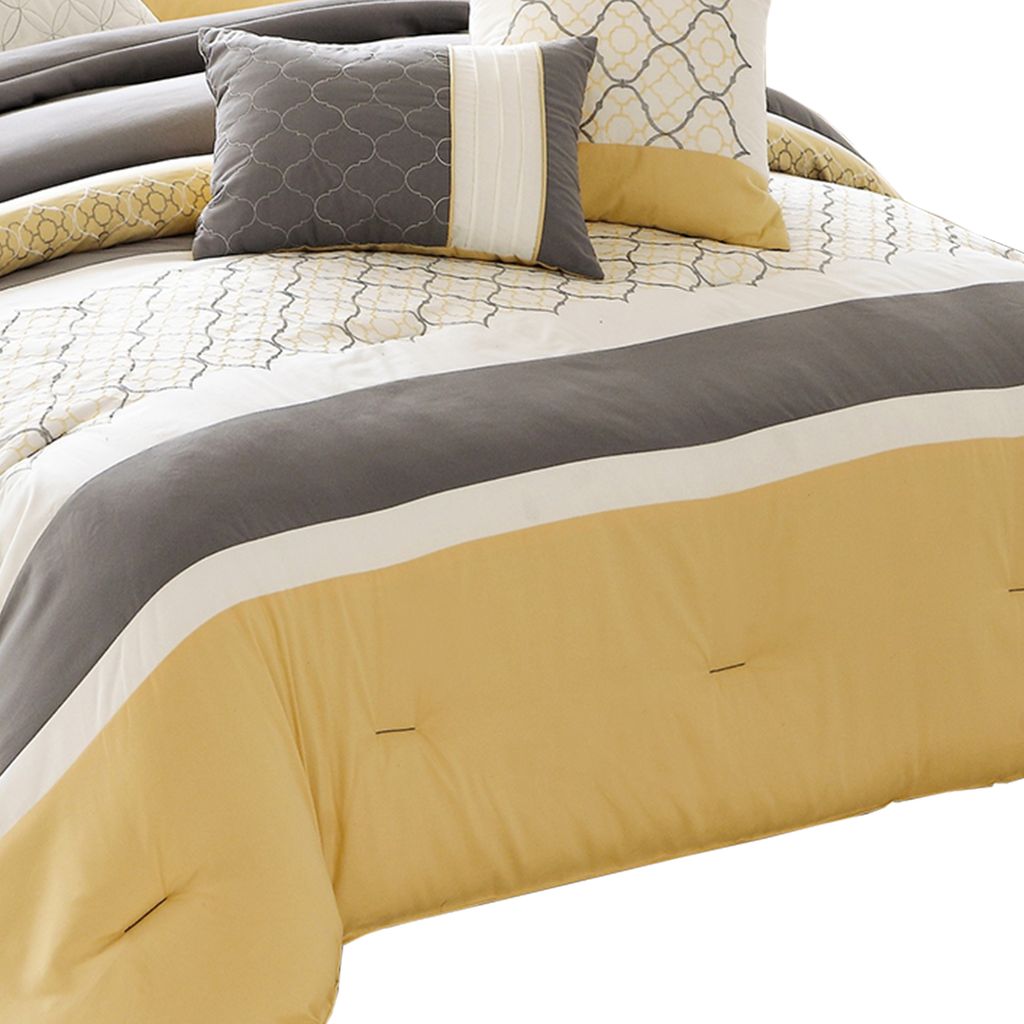 Quatrefoil Print Queen Size 7 Piece Fabric Comforter Set, Yellow and Gray - View 4