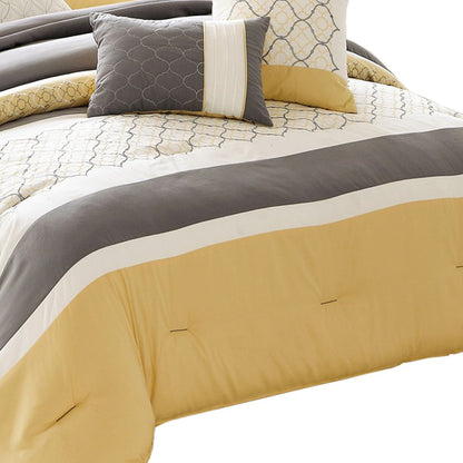 Quatrefoil Print Queen Size 7 Piece Fabric Comforter Set, Yellow and Gray - View 4