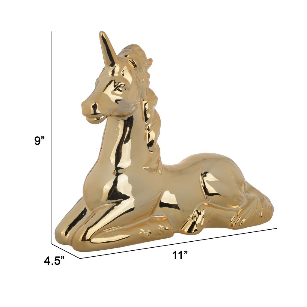11 Inch Sitting Unicorn Figurine, Ceramic Statuette in Gold Metallic Finish - View 5