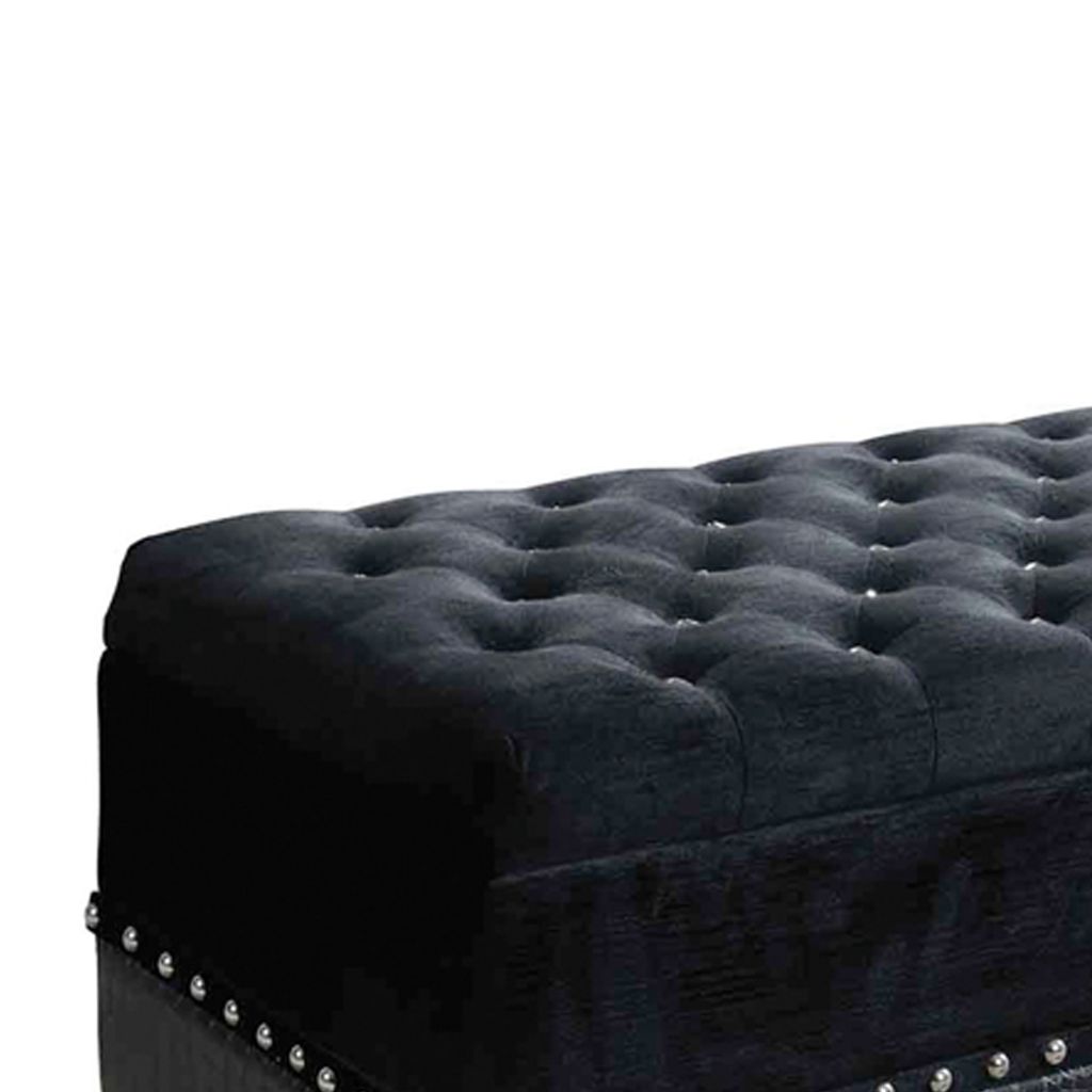 Leatherette Storage Bench with Nailhead Trims and Button Tufted Seat, Black - View 2