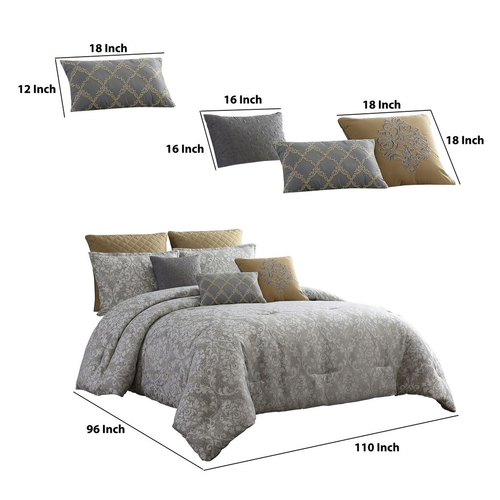 9 Piece King Polyester Comforter Set with Medallion Print, Gray and Gold - View 6