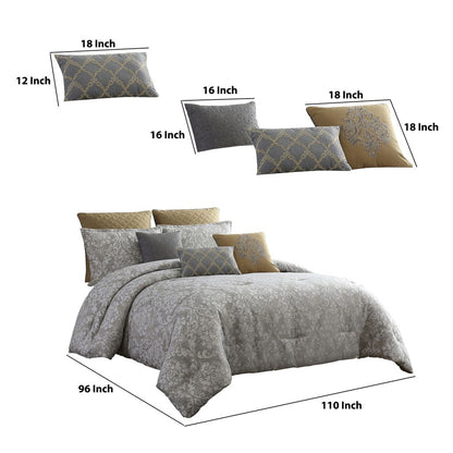 9 Piece King Polyester Comforter Set with Medallion Print, Gray and Gold - View 6