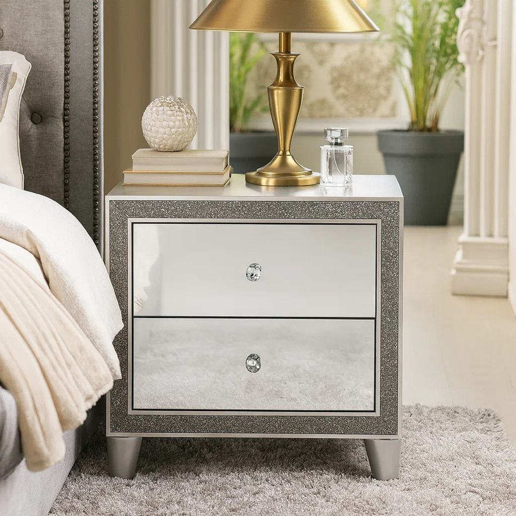 Nightstand with Mirrored Front 2 Drawers, Champagne Silver - View 7