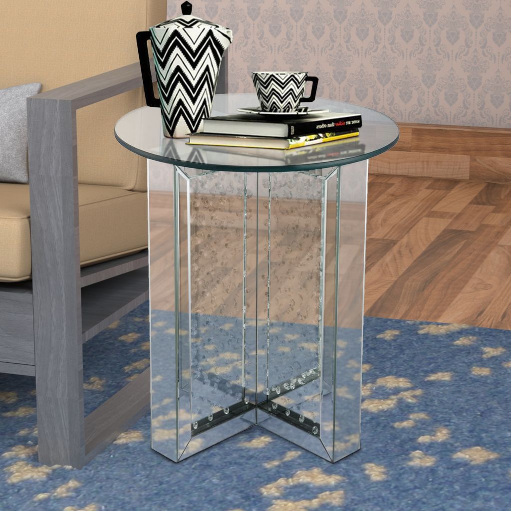 Round Mirrored Metal End Table with Glass Top and Crystal Accent Base, Silver - View 6