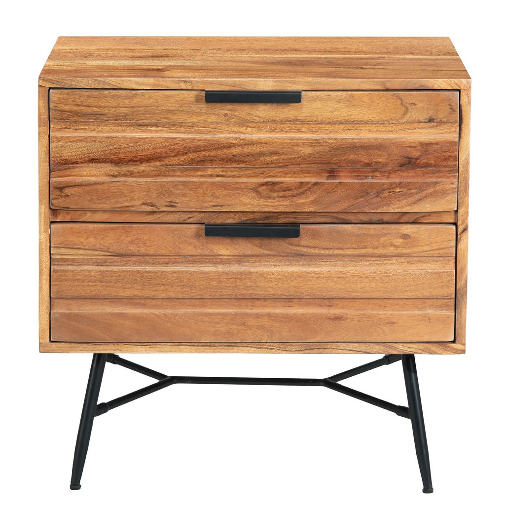 2 Drawer Wooden Nightstand with Metal Angled Legs, Black and Brown - View 2