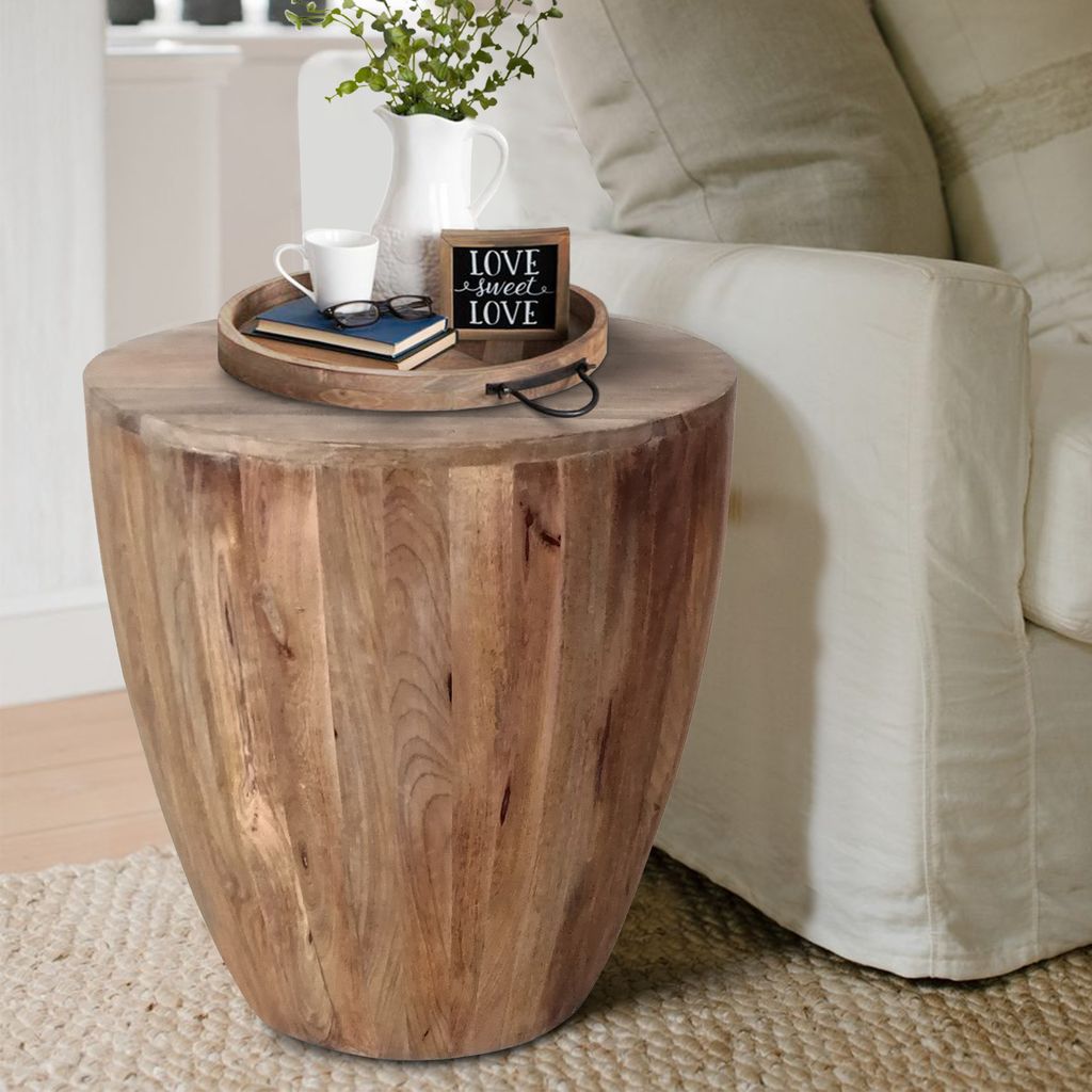 Arthur Handcarved Cylindrical Shape Round Mango Wood Distressed Wooden Side End Table, Brown - View 6
