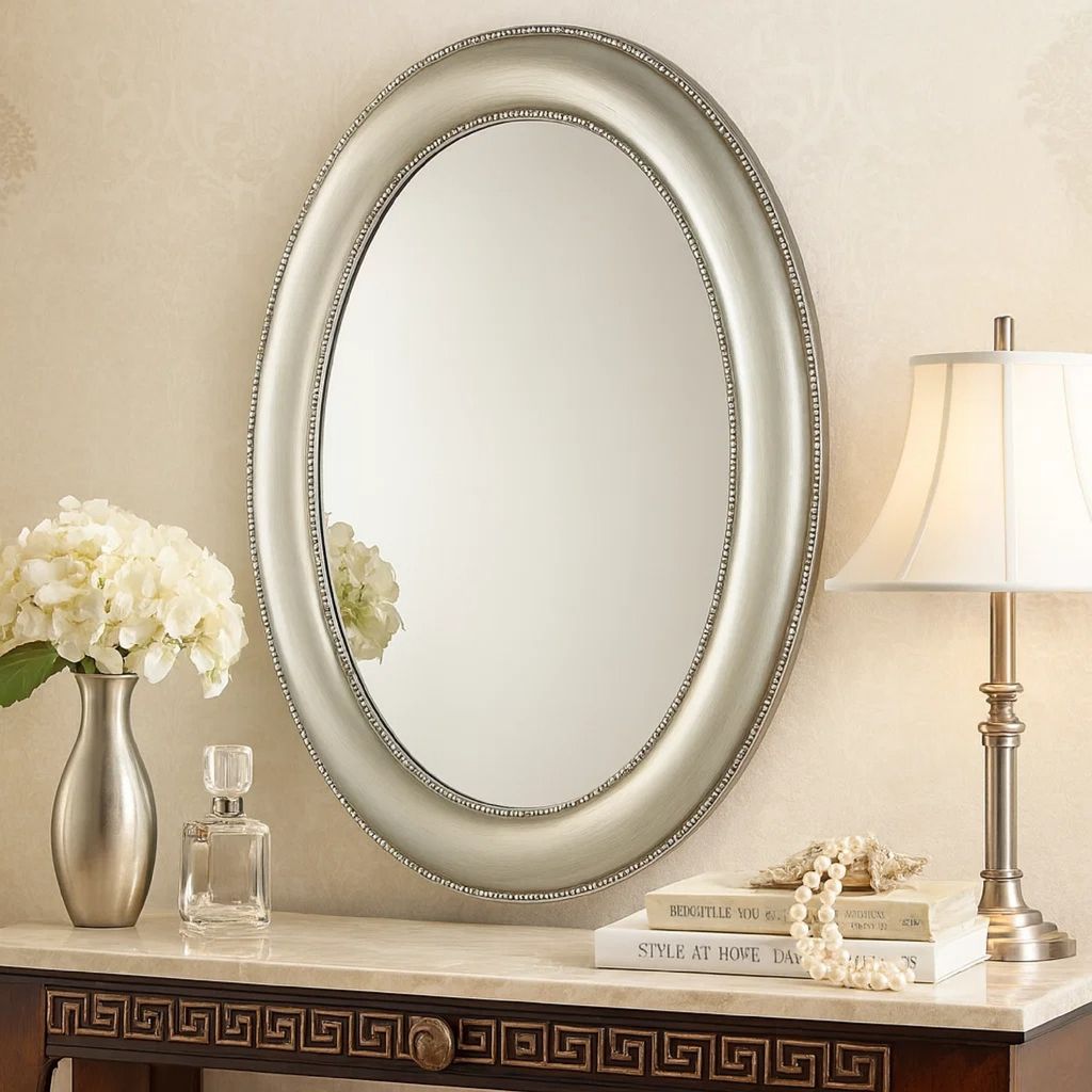 29 Inch Wood Wall Mirror, Beaded Oval Shape, Metallic Silver - View 7