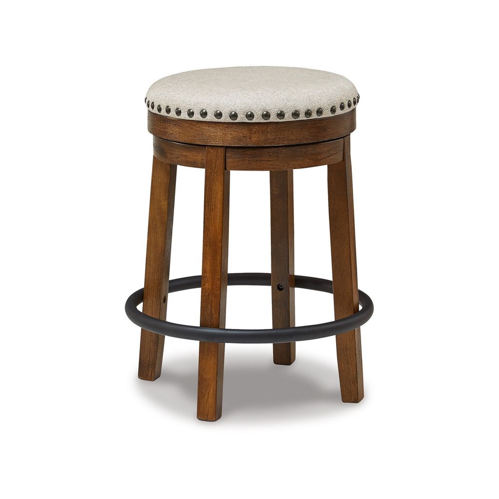 Zane 24 Inch Backless Swivel Counter Stool, Round Beige Seat, Brown Wood