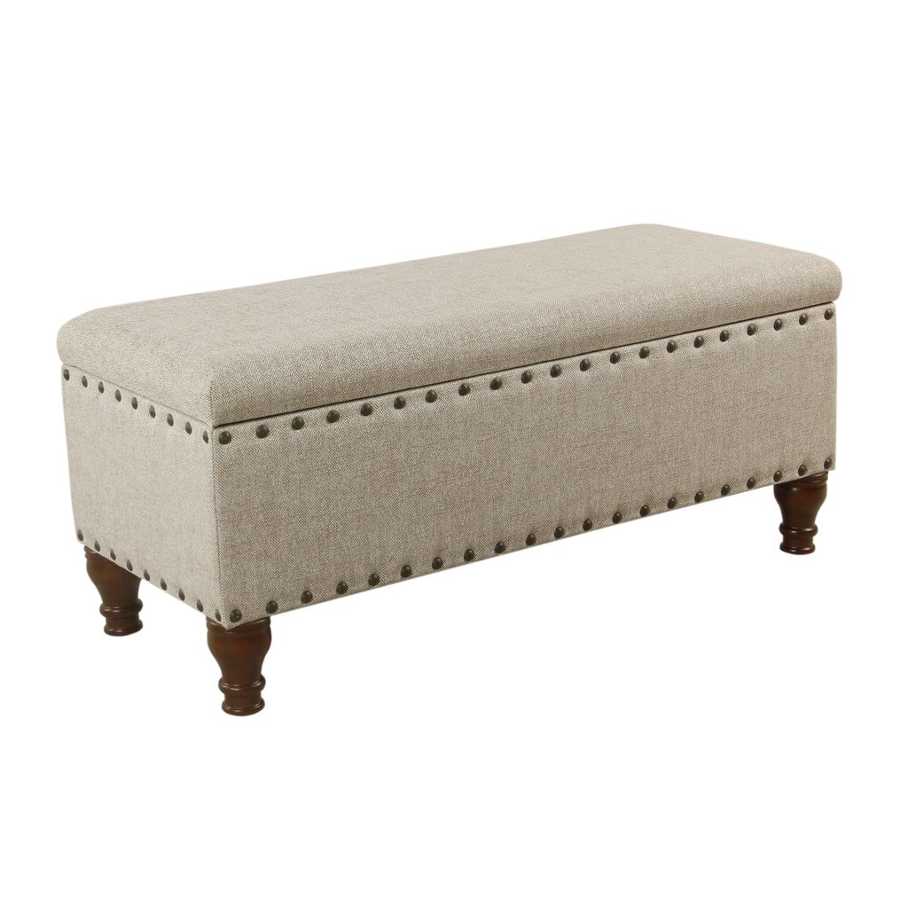 Textured Fabric Upholstered Wooden Storage Bench With Nail head Trim, Large, Beige and Brown
