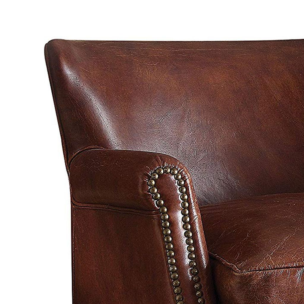 Leather Upholstered Accent Chair With Nail head Trim, Dark Brown - View 2