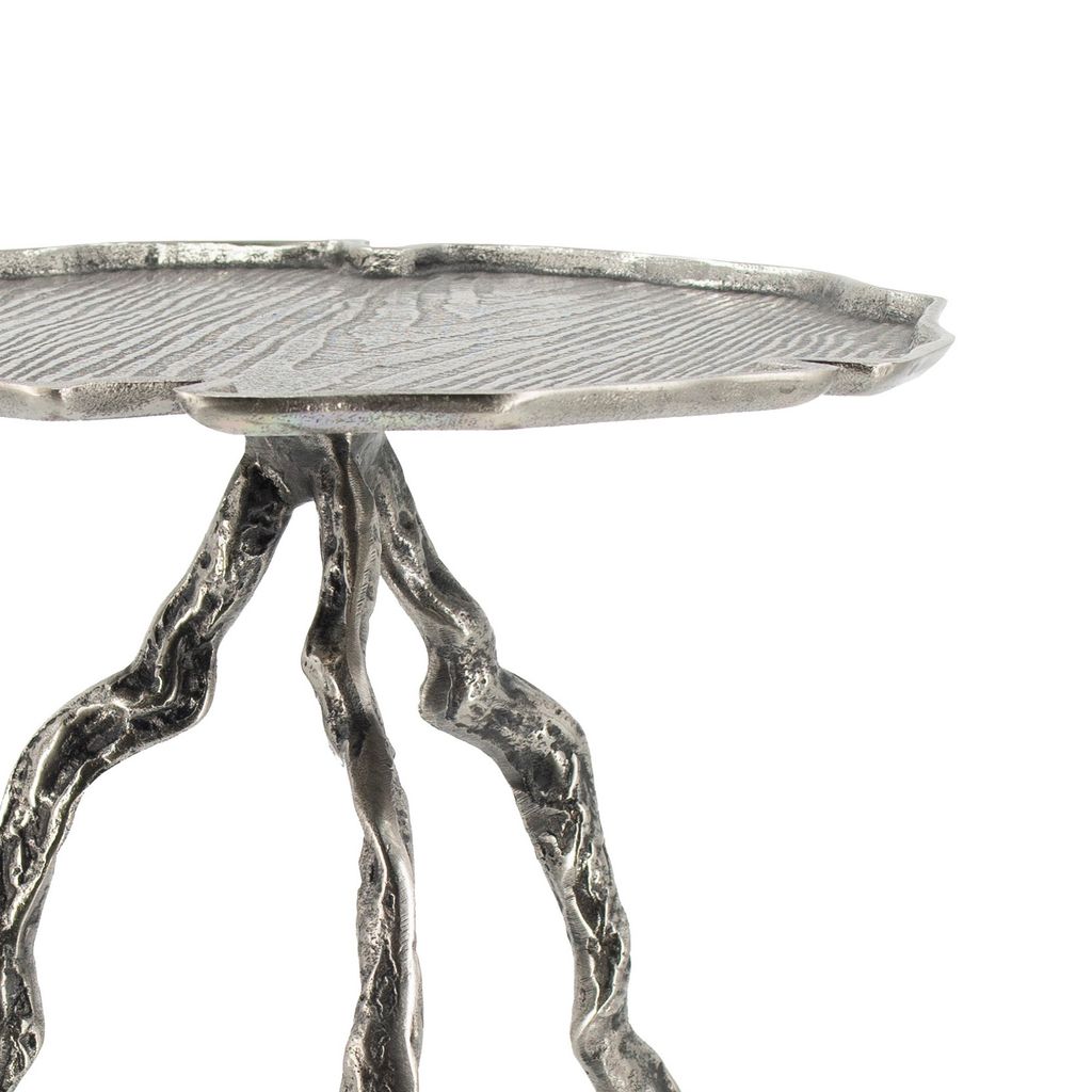 24 Inch Accent Table, Aluminum Metal Branch Tripod Legs, Antique Silver - View 3