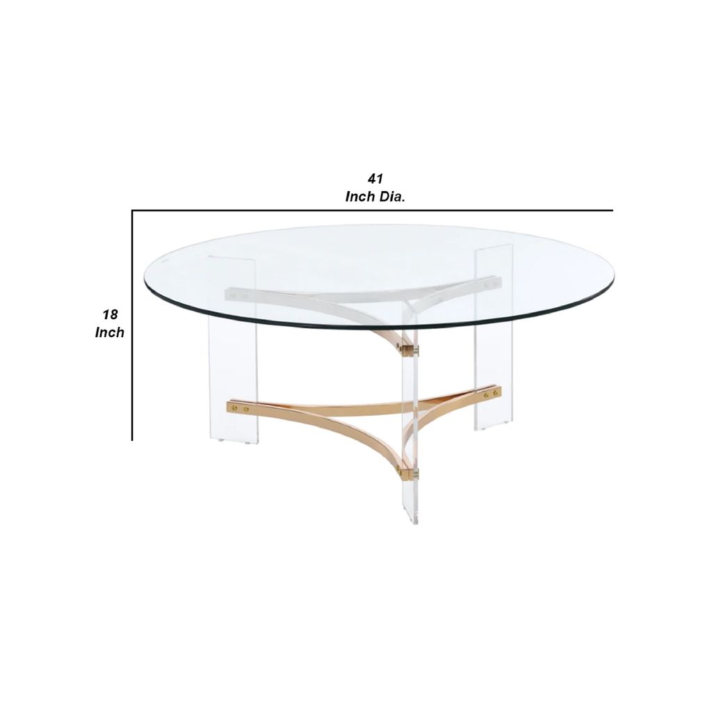 Hale 41 Inch Round Coffee Table, Glass Top, Acrylic Legs, Clear, Gold - View 6