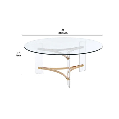 Hale 41 Inch Round Coffee Table, Glass Top, Acrylic Legs, Clear, Gold - View 6
