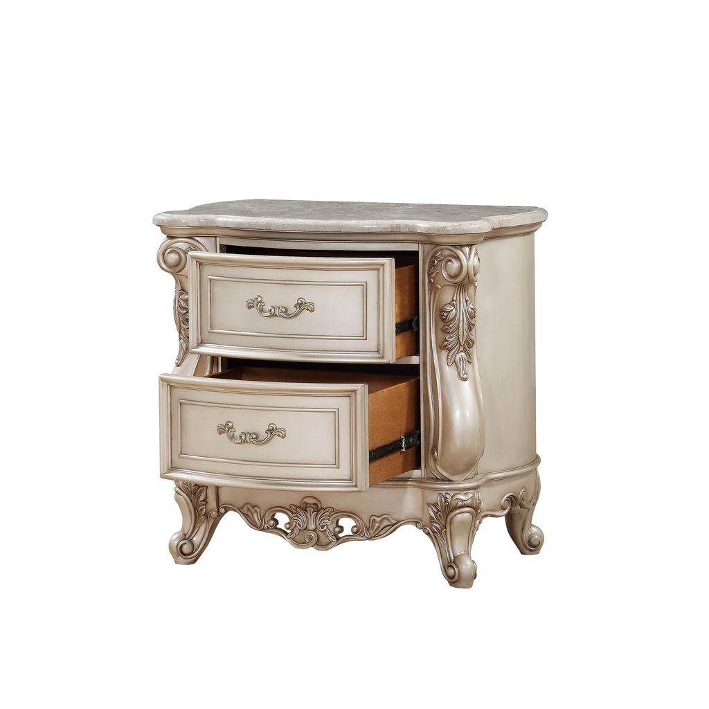 2 Drawer Nightstand With Raised Scrolled Floral Moulding, White - View 4