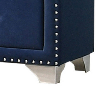 Cale 26 Inch Modern Wood Nightstand, Velvet Upholstered, Nailhead, Blue - View 3