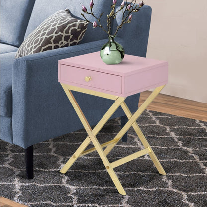 Wood and Metal Side Table with Crossed Base, Pink and Gold - View 6