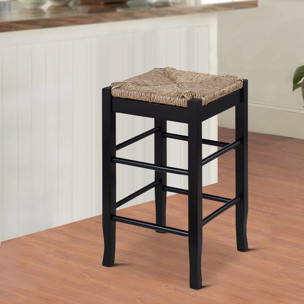Chris 24 Inch Counter Stool with Wood Frame, Handwoven Rush Seat, Black - View 7