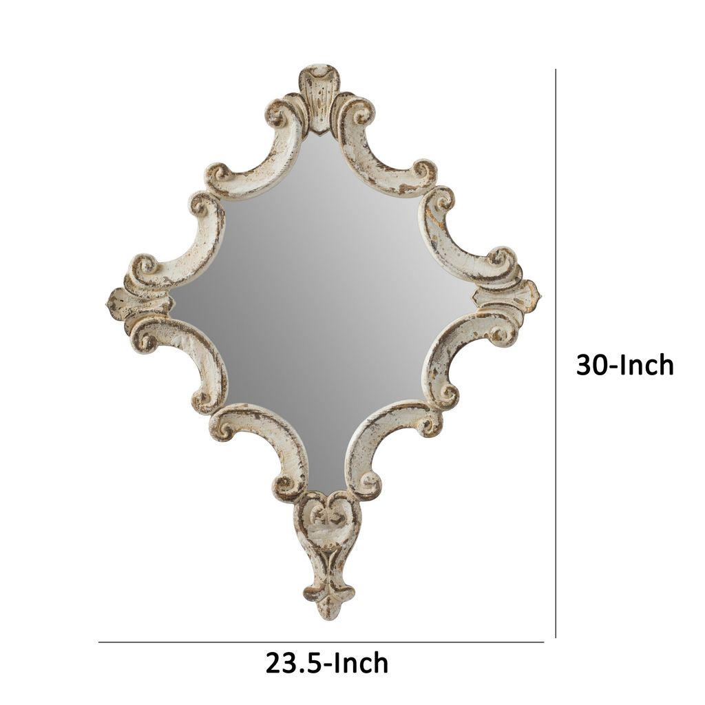 30 Inch Accent Wall Mirror, Carved Ornate Scrollwork Antique White Fir Wood - View 5
