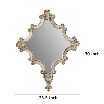 30 Inch Accent Wall Mirror, Carved Ornate Scrollwork Antique White Fir Wood - View 5