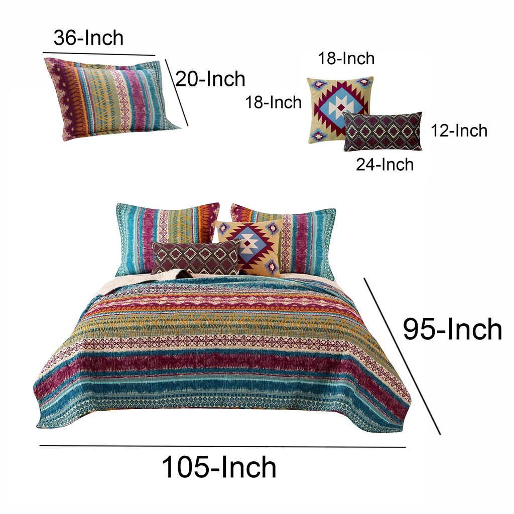 Tribal Print King Quilt Set with Decorative Pillows, Multicolor - View 4