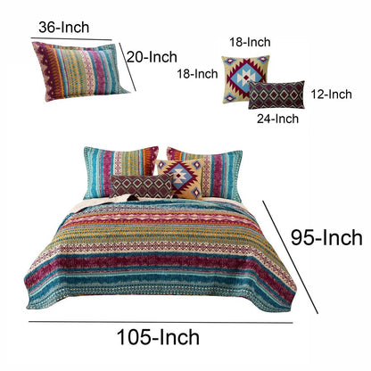 Tribal Print King Quilt Set with Decorative Pillows, Multicolor - View 4