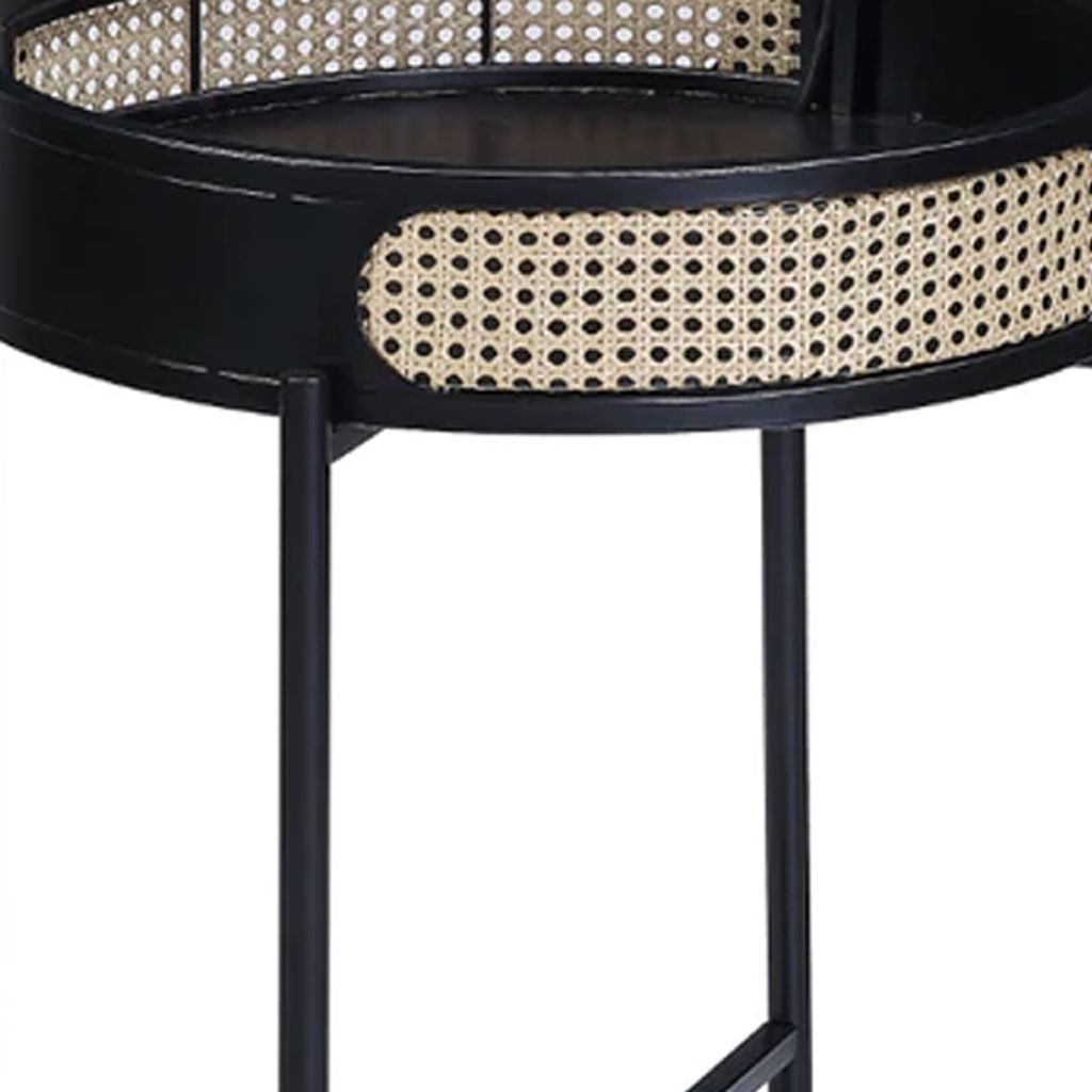 Bert 24 Inch Round End Table, Rattan Apron Accent, Metal Legs, Black - View 4