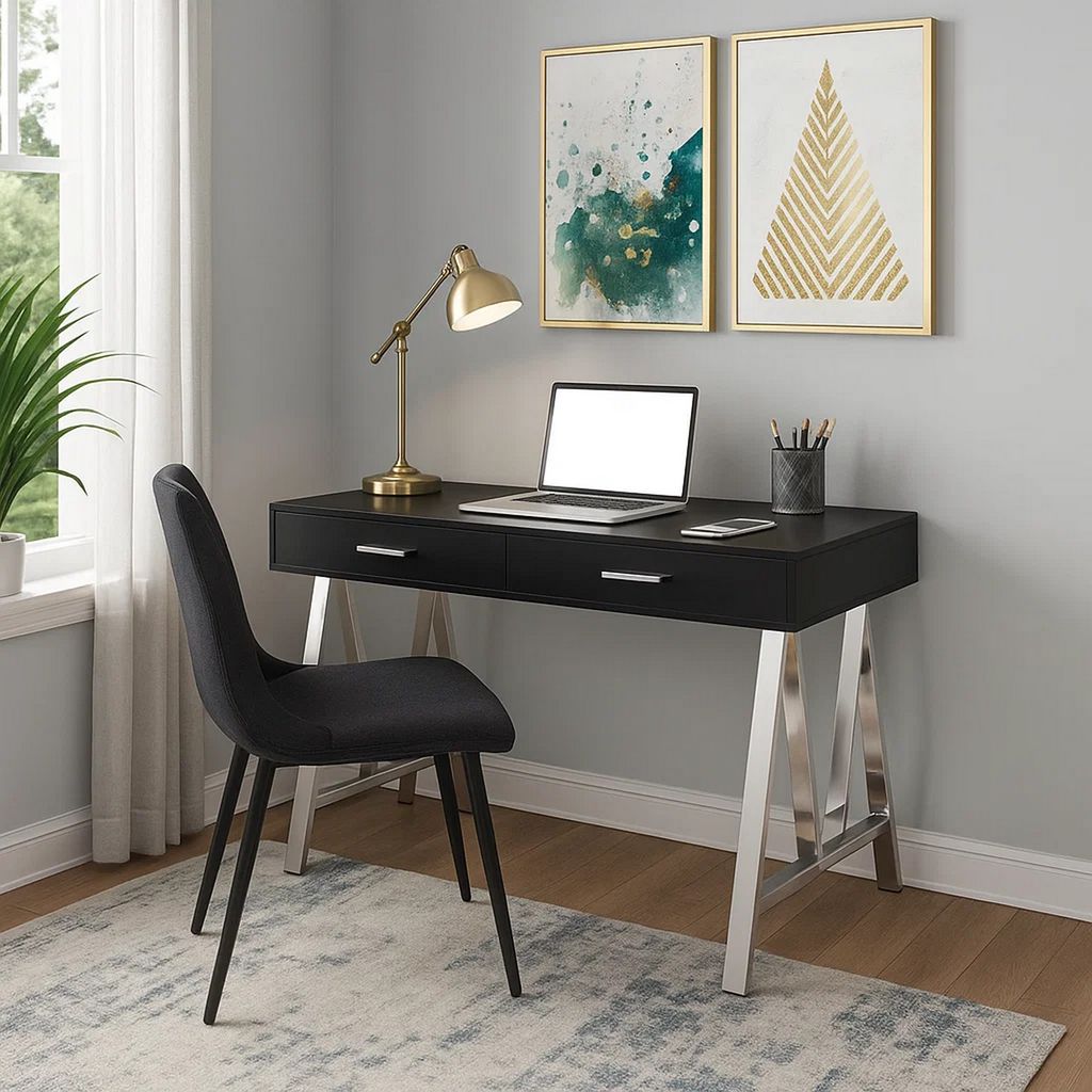 Writing Desk with MDF 2 Drawers and Metal Legs, Black and Chrome - View 7