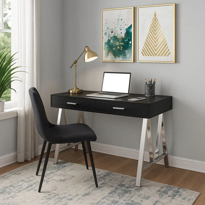 Writing Desk with MDF 2 Drawers and Metal Legs, Black and Chrome - View 7