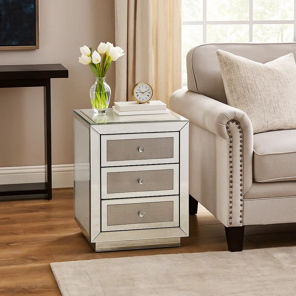 3 Drawer Mirrored Accent Table with Faux Diamond Inlay, Silver - View 7