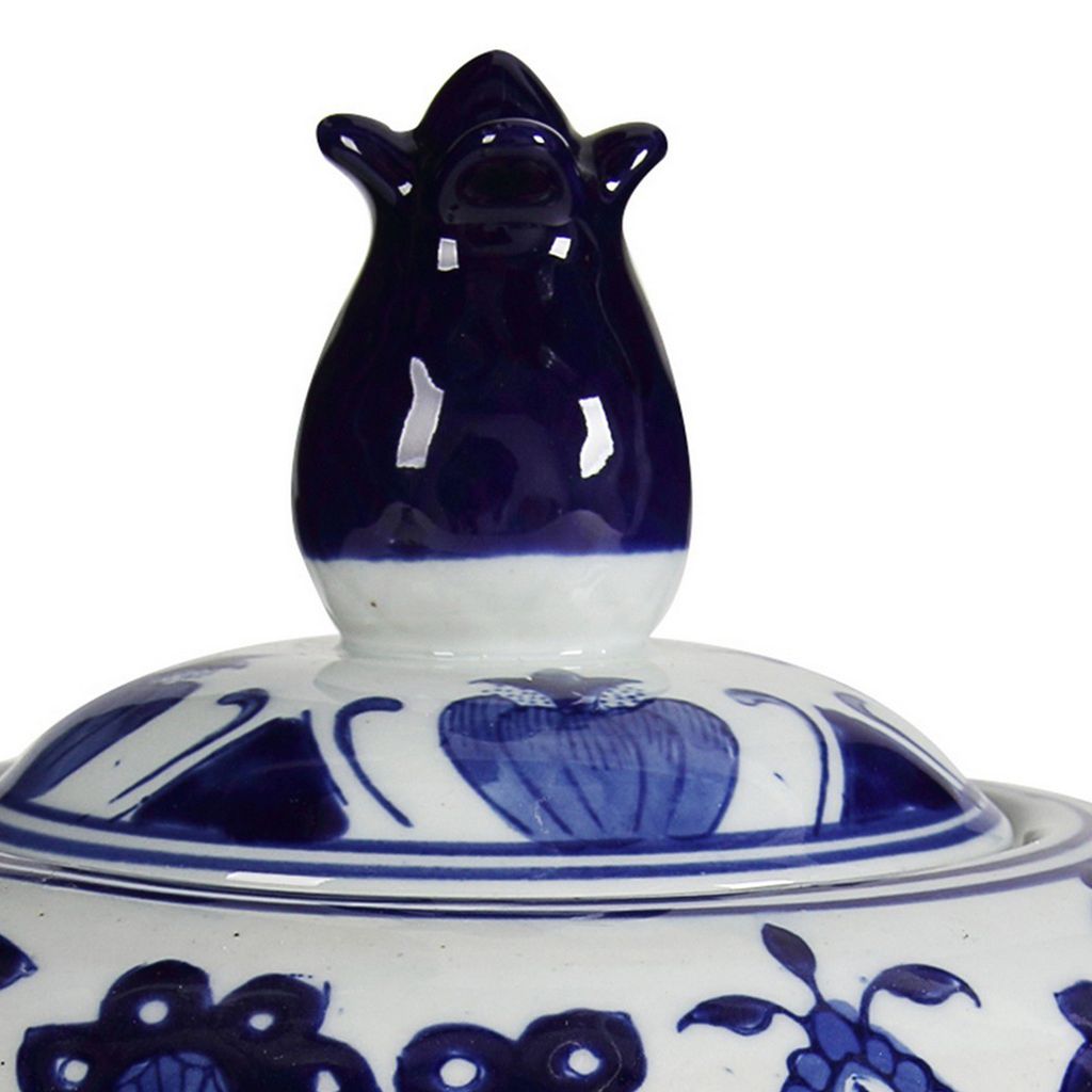 10 Inch Lidded Jar, Round Persian Floral Print, Blue and White Porcelain - View 2