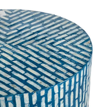 20 Inch Capiz Accent Stool Table, Cylindrical Linear Pattern, Blue, Black - View 3