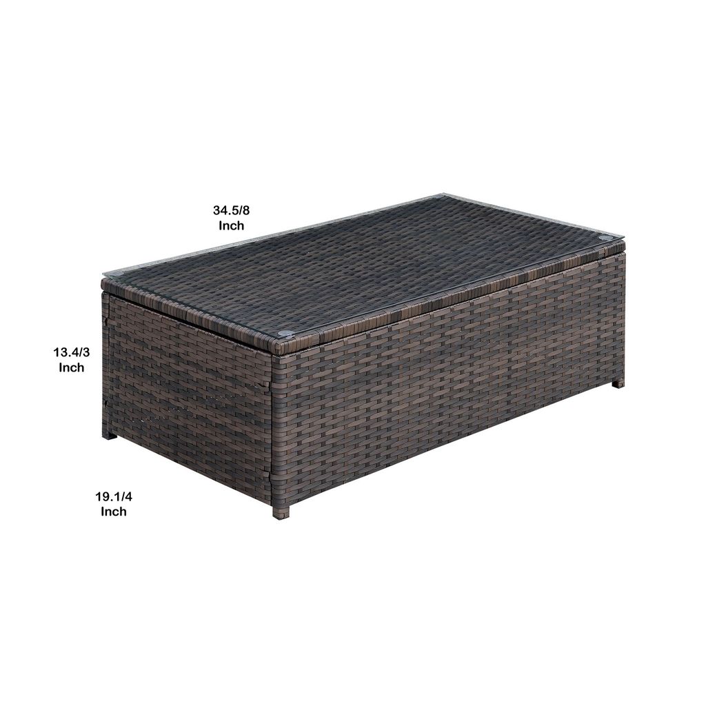 Rectangular Faux Rattan and Aluminum Coffee Table with Glass Top, Brown - View 6