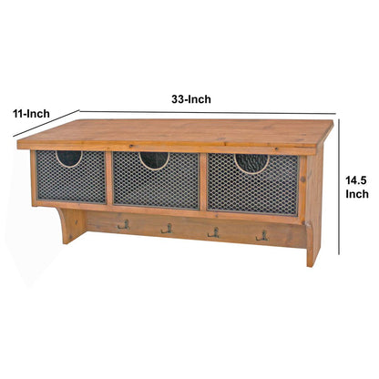 Wooden Wall Shelf with 4 Hooks and 3 Wire Baskets, Brown - View 5
