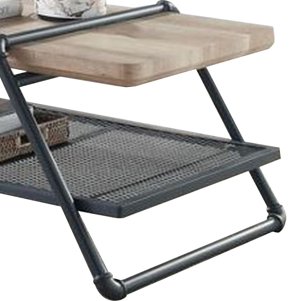 Coffee Table with Wooden Top and Mesh Shelf, Brown and Black - View 5
