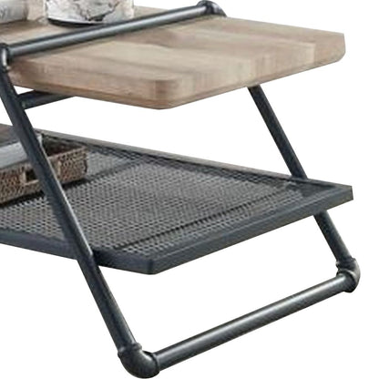 Coffee Table with Wooden Top and Mesh Shelf, Brown and Black - View 5