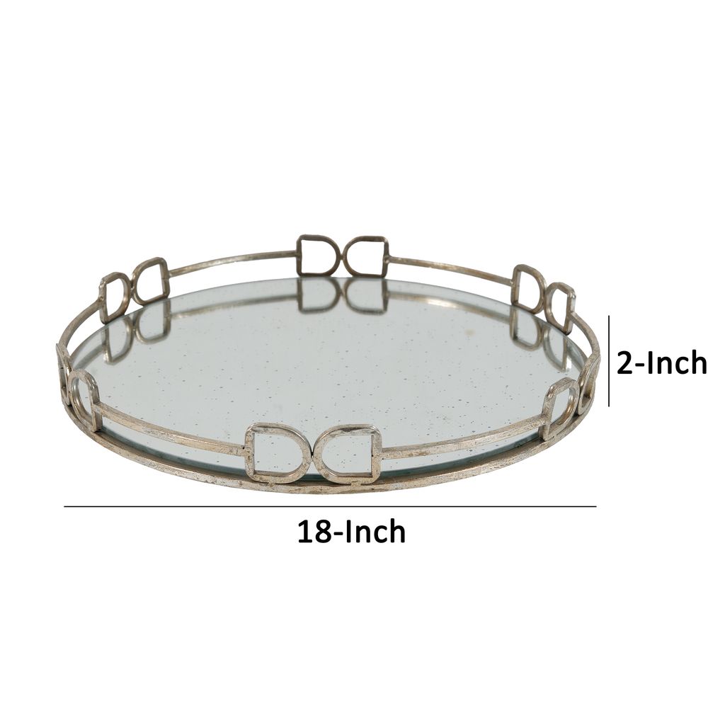 Sui 18 Inch Round Tray, Glass Bottom,  Silver Geometric Frame, Large - View 5