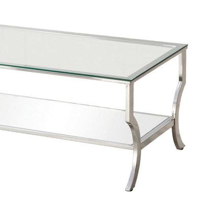 Glass Top Coffee Table with Metal Frame and Mirror Shelf, Chrome - View 4