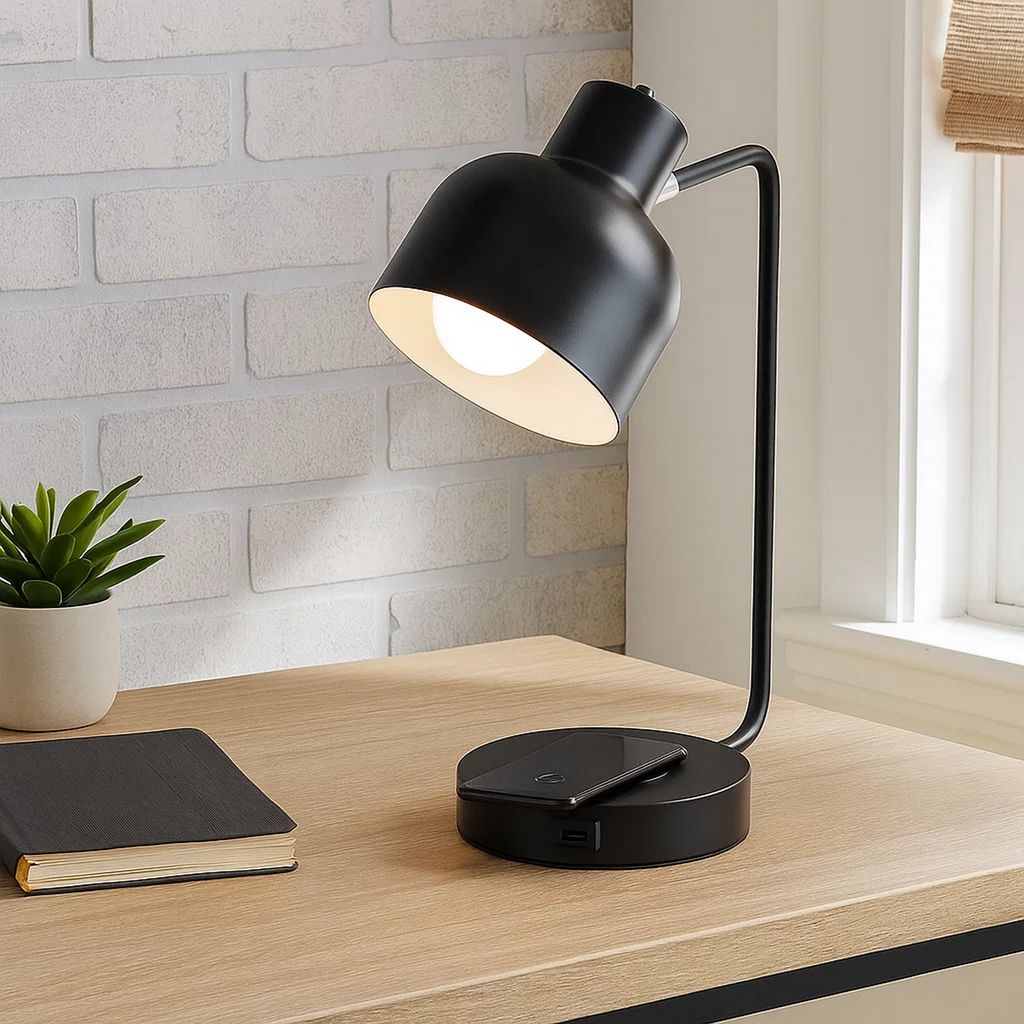 15 Inch Metal Table Lamp, Adjustable Shade, Wireless Charging, Black - View 7
