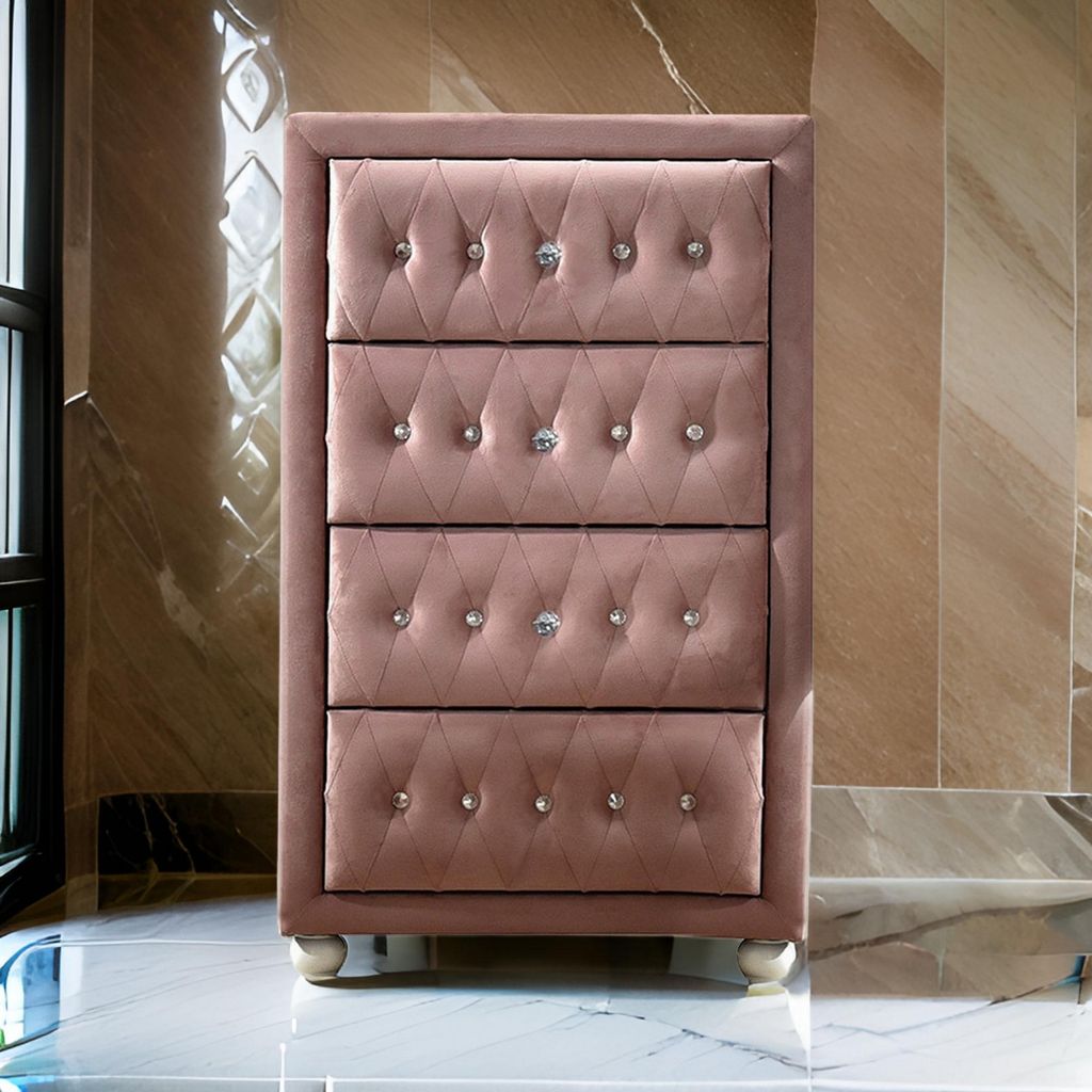 Rex 38 Inch Tall Upholstered Dresser Chest, 4 Drawer, Crystal Handles, Pink - View 7