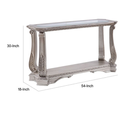Antique Sofa Table with Polyresin Engravings and Clear Glass Top, Silver and Clear - View 6
