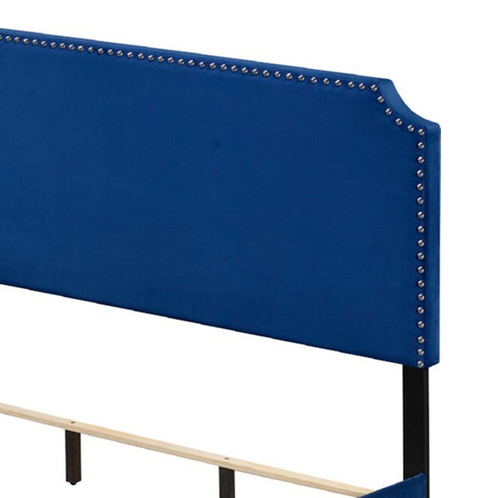 Queen Bed with Platform Style and Nailhead Trim, Blue - View 4